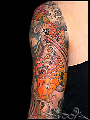 腕,二の腕,男性,鯉,額,カラー,カラフルタトゥー/刺青デザイン画像