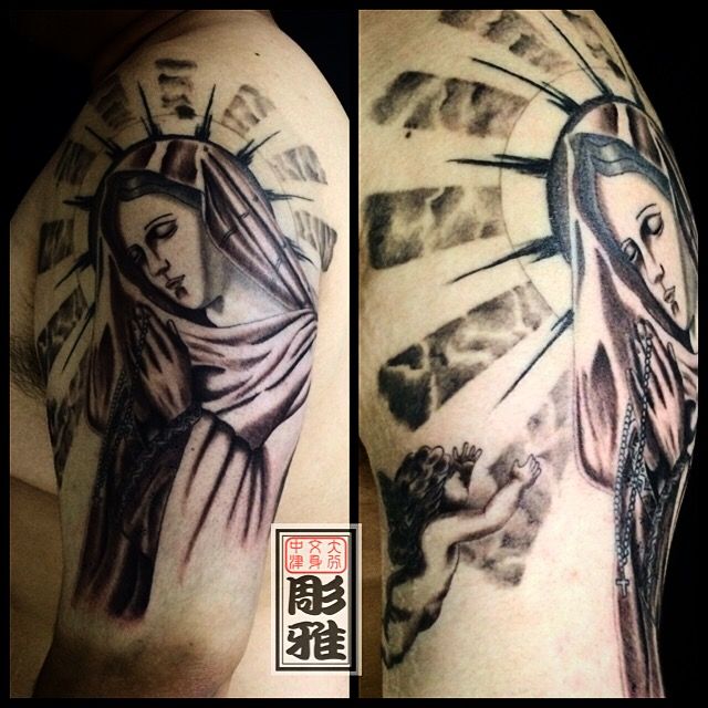 腕,マリア,天使,ブラック＆グレイタトゥー/刺青デザイン画像