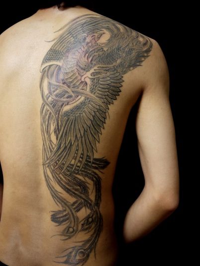 背中,鳳凰,ブラック＆グレイタトゥー/刺青デザイン画像