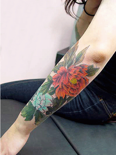 女性,腕,牡丹タトゥー/刺青デザイン画像