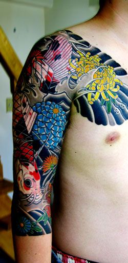 太鼓,七分袖,鯉,牡丹,紫陽花,花タトゥー/刺青デザイン画像