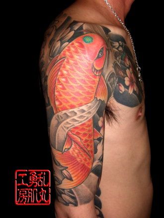 鯉,腕,太鼓,五分袖,桜,花タトゥー/刺青デザイン画像