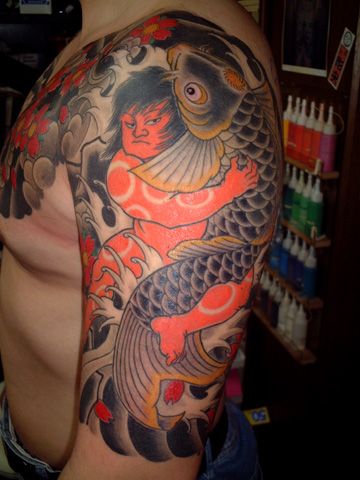 金太郎,桜,太鼓,五分袖,花タトゥー/刺青デザイン画像