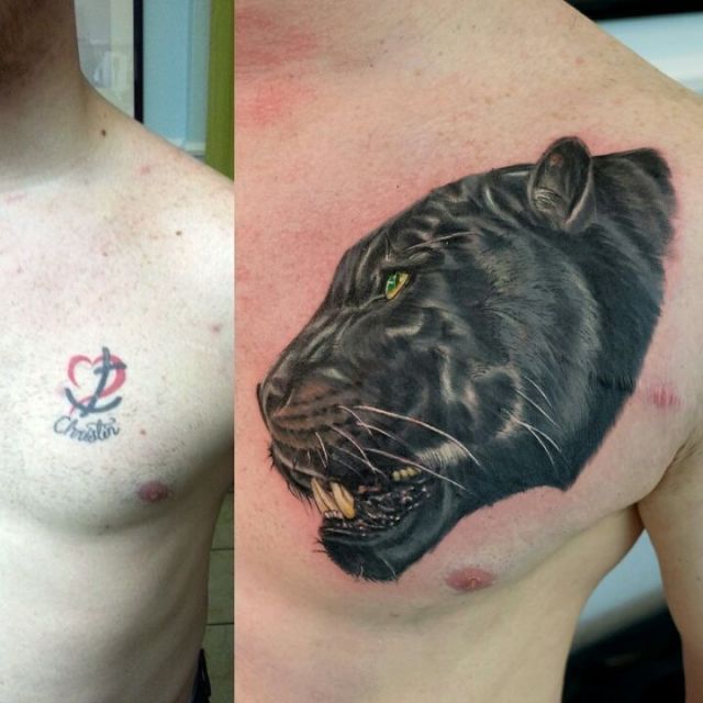 胸,男性,豹,カバーアップ,リアリスティック,黒豹,カラータトゥー/刺青デザイン画像