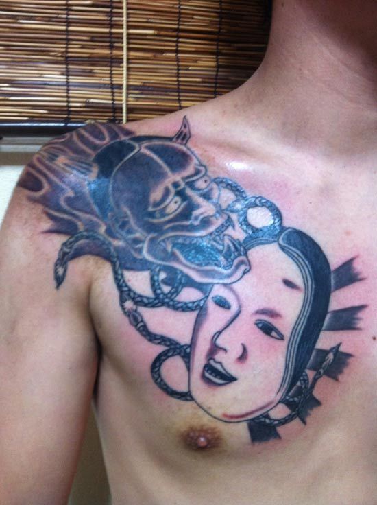 胸,面,ブラック＆グレータトゥー/刺青デザイン画像