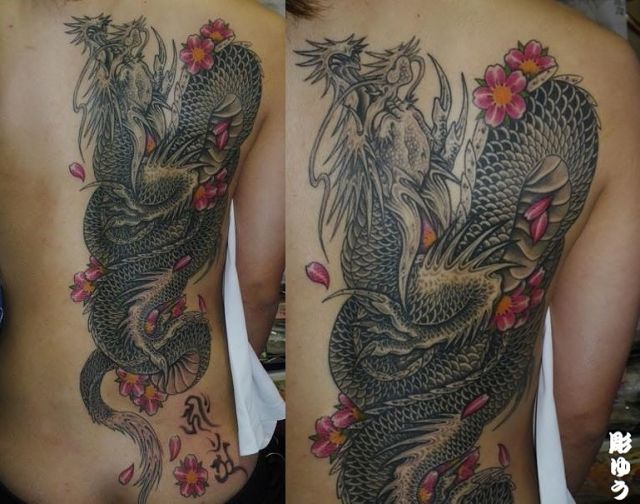 背中,女性,梵字,龍,桜,カラータトゥー/刺青デザイン画像
