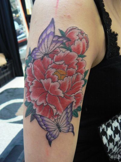 女性,肩,牡丹,蝶,花タトゥー/刺青デザイン画像