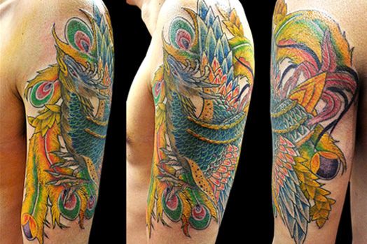 腕,肩,鳳凰,カラー,カラフルタトゥー/刺青デザイン画像