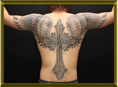 背中,クロス,羽タトゥー/刺青デザイン画像