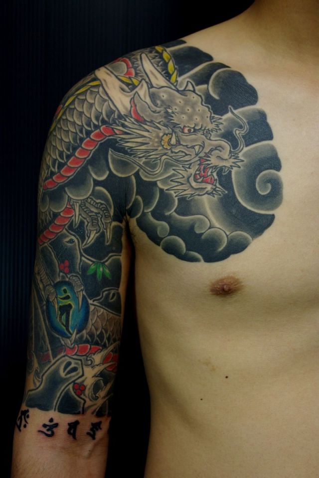 太鼓,五分袖,龍,文字タトゥー/刺青デザイン画像