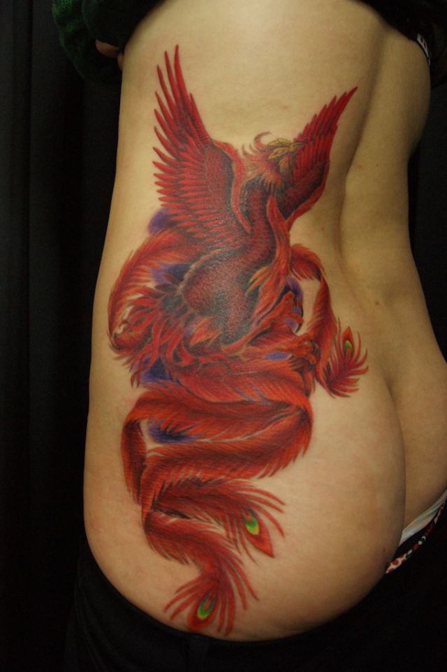 背中,腰,女性,脇腹,鳳凰,フェニックス,カラー,カラフルタトゥー/刺青デザイン画像