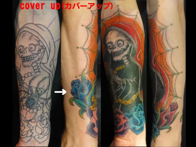 腕,スカル,薔薇,花タトゥー/刺青デザイン画像