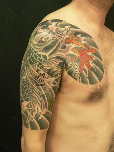 太鼓,五分袖,鯉,紅葉タトゥー/刺青デザイン画像