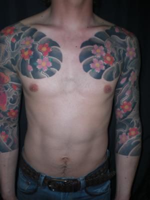 腕,胸,鯉,額,桜,カラータトゥー/刺青デザイン画像