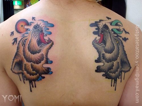 背中,狼タトゥー/刺青デザイン画像