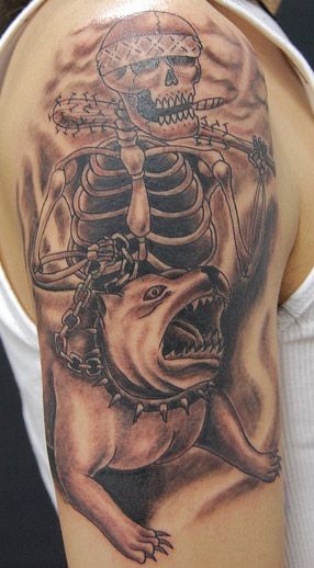 腕,ブラック＆グレー,犬,スカル,骸骨タトゥー/刺青デザイン画像