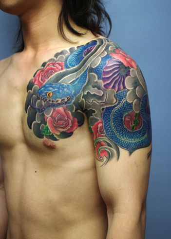 太鼓,蛇,薔薇,花タトゥー/刺青デザイン画像