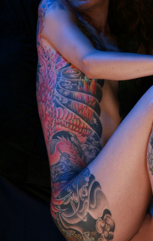 女性,カラー,鳳凰,額タトゥー/刺青デザイン画像
