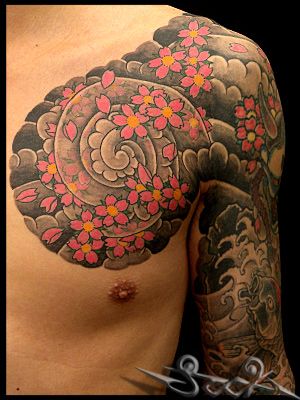 腕,二の腕,男性,桜,桜吹雪,カラー,カラフルタトゥー/刺青デザイン画像