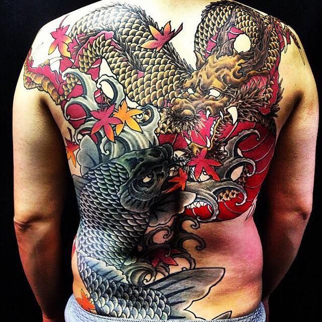 背中,鯉,龍,カラー,カラフルタトゥー/刺青デザイン画像