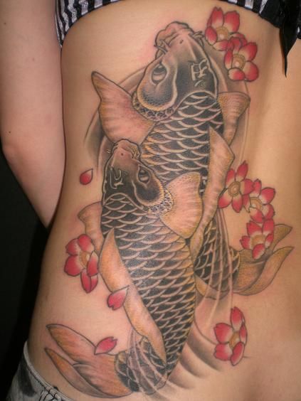 女性,背中,鯉,桜タトゥー/刺青デザイン画像