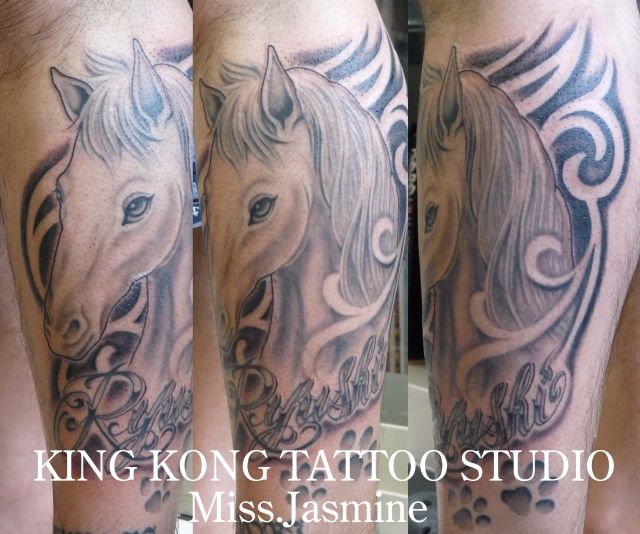 足,馬,ブラック＆グレイタトゥー/刺青デザイン画像
