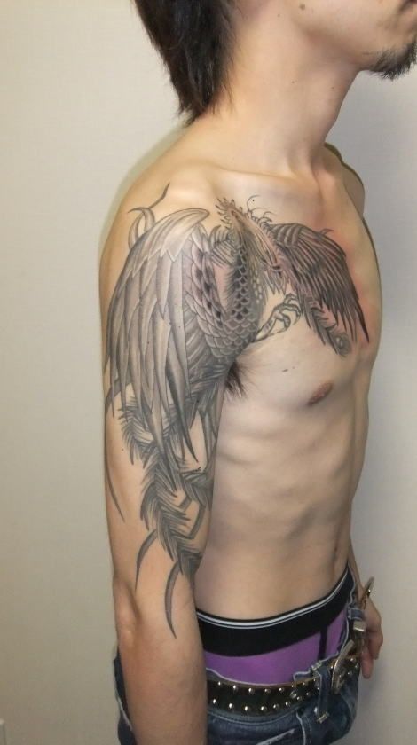 胸,腕,鳳凰,ブラック＆グレータトゥー/刺青デザイン画像