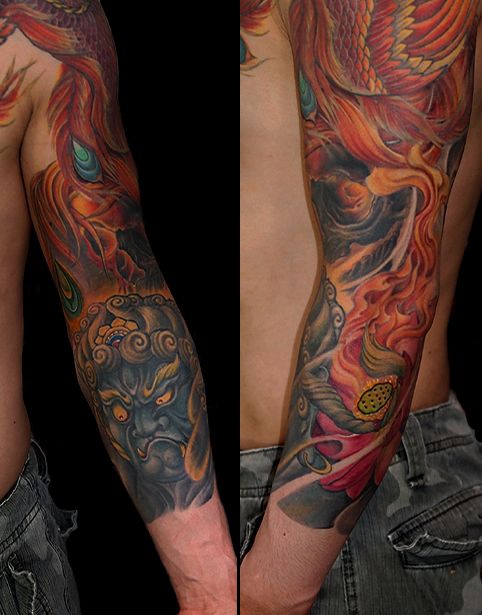 腕,肩,不動明王,面,ドクロ,七分袖,スカル,カラータトゥー/刺青デザイン画像