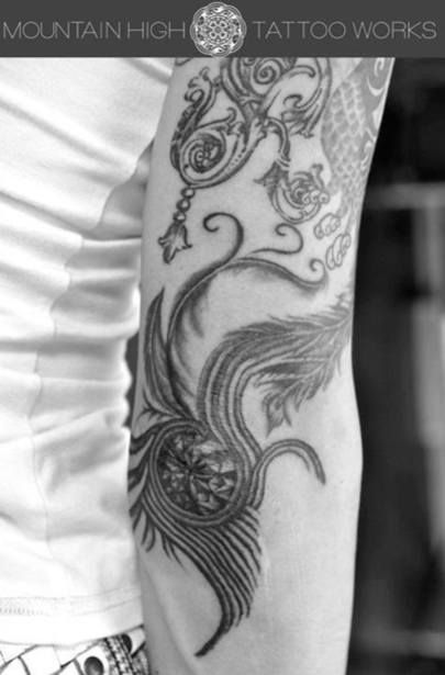 腕,羽,ブラック＆グレータトゥー/刺青デザイン画像