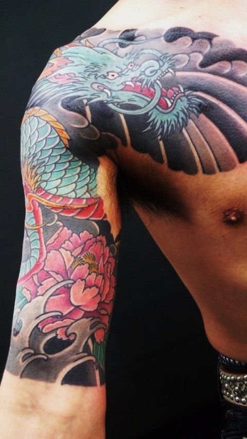 龍,牡丹,五分袖,花タトゥー/刺青デザイン画像