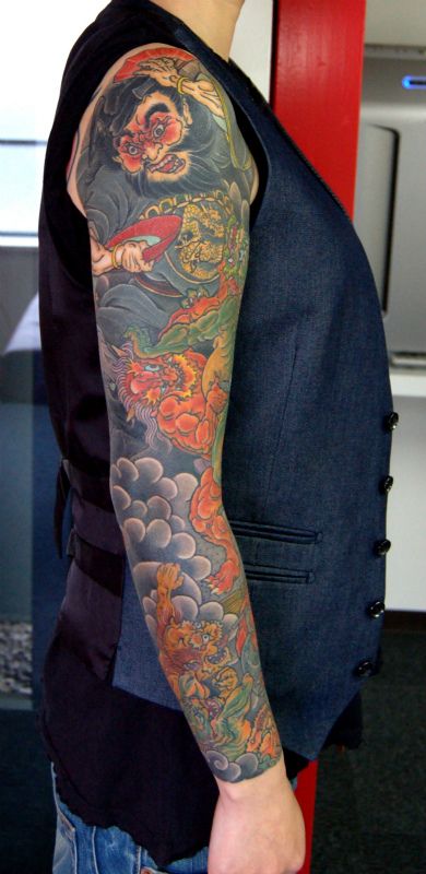 十分袖,人物,鬼,牡丹タトゥー/刺青デザイン画像