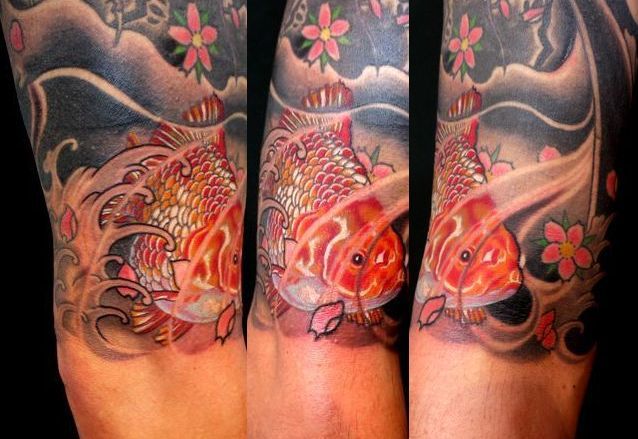 金魚,桜,カラー,額タトゥー/刺青デザイン画像