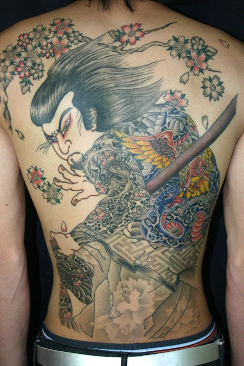 背中,人物,桜,抜きタトゥー/刺青デザイン画像