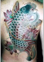 背中,抜き,鯉,蓮,花,植物タトゥー/刺青デザイン画像