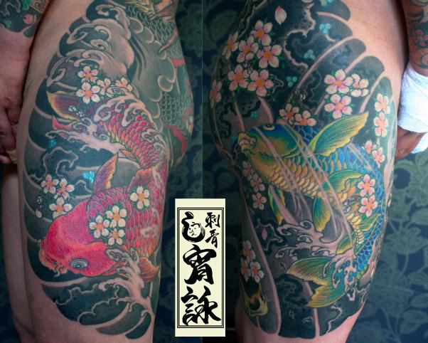 足,太もも,鯉,カラータトゥー/刺青デザイン画像