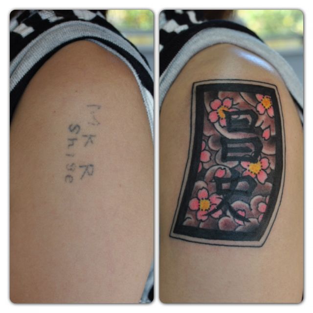 肩,女性,額,桜,文字,カバーアップ,カラータトゥー/刺青デザイン画像