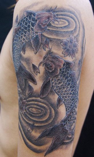 鯉,腕,桜,ブラック＆グレータトゥー/刺青デザイン画像