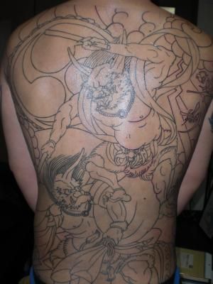 背中,風神,雷神,スジ彫りタトゥー/刺青デザイン画像