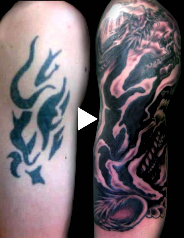 カバーアップ,腕,龍,ブラック＆グレータトゥー/刺青デザイン画像