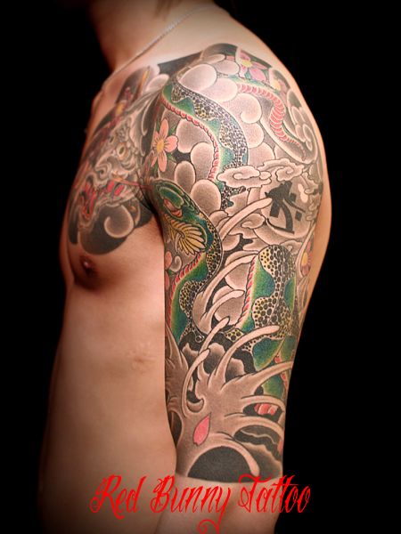腕,肩,胸,蛇,般若,ブラック＆グレイ,カラータトゥー/刺青デザイン画像
