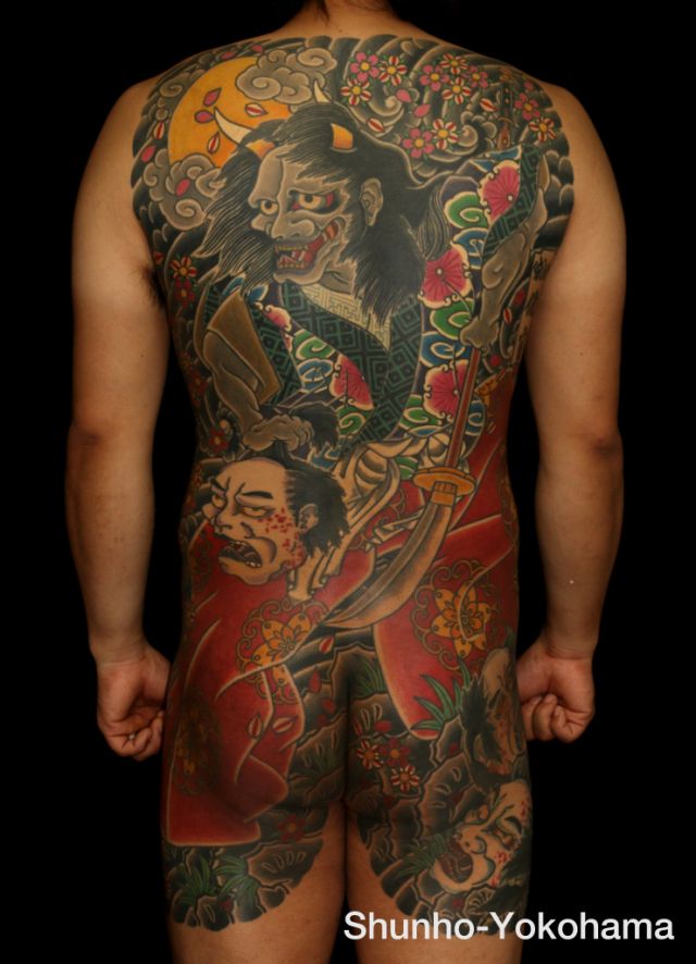 背中,太もも,男性,着物,額,桜,夜叉,カラータトゥー/刺青デザイン画像