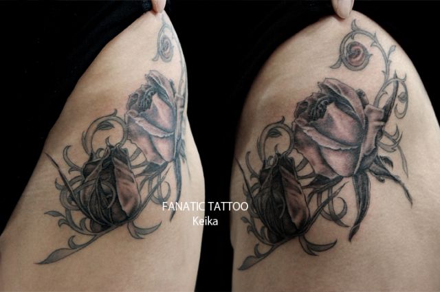 足,薔薇,ブラック＆グレータトゥー/刺青デザイン画像