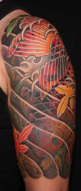 五分袖,鯉,紅葉タトゥー/刺青デザイン画像