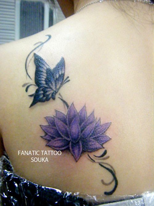 女性,肩,蝶,蓮,花,植物タトゥー/刺青デザイン画像