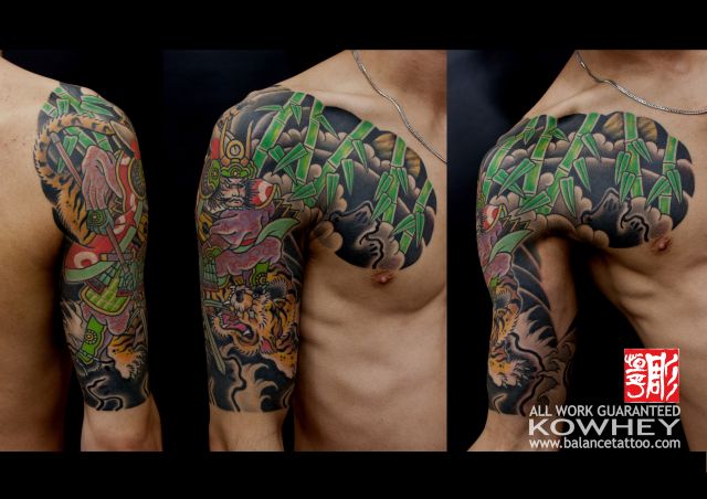 竹,虎,腕,五分袖,太鼓,人物タトゥー/刺青デザイン画像