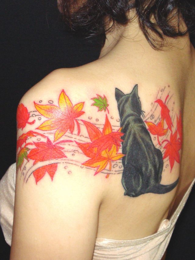 植物,動物,猫,背中,女性,紅葉タトゥー/刺青デザイン画像