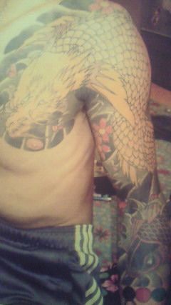 鯉,桜,太鼓,数珠,胸,七分袖,龍魚タトゥー/刺青デザイン画像