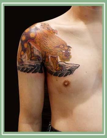 腕,唐獅子,カラータトゥー/刺青デザイン画像