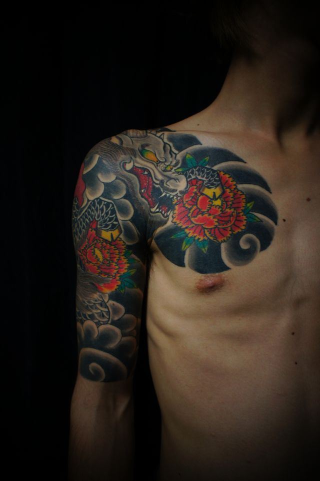 牡丹,五分袖,龍,太鼓タトゥー/刺青デザイン画像