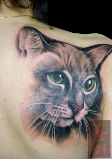 背中,猫,リアルスティック,ブラック＆グレイ,ブラック＆グレー,カラータトゥー/刺青デザイン画像